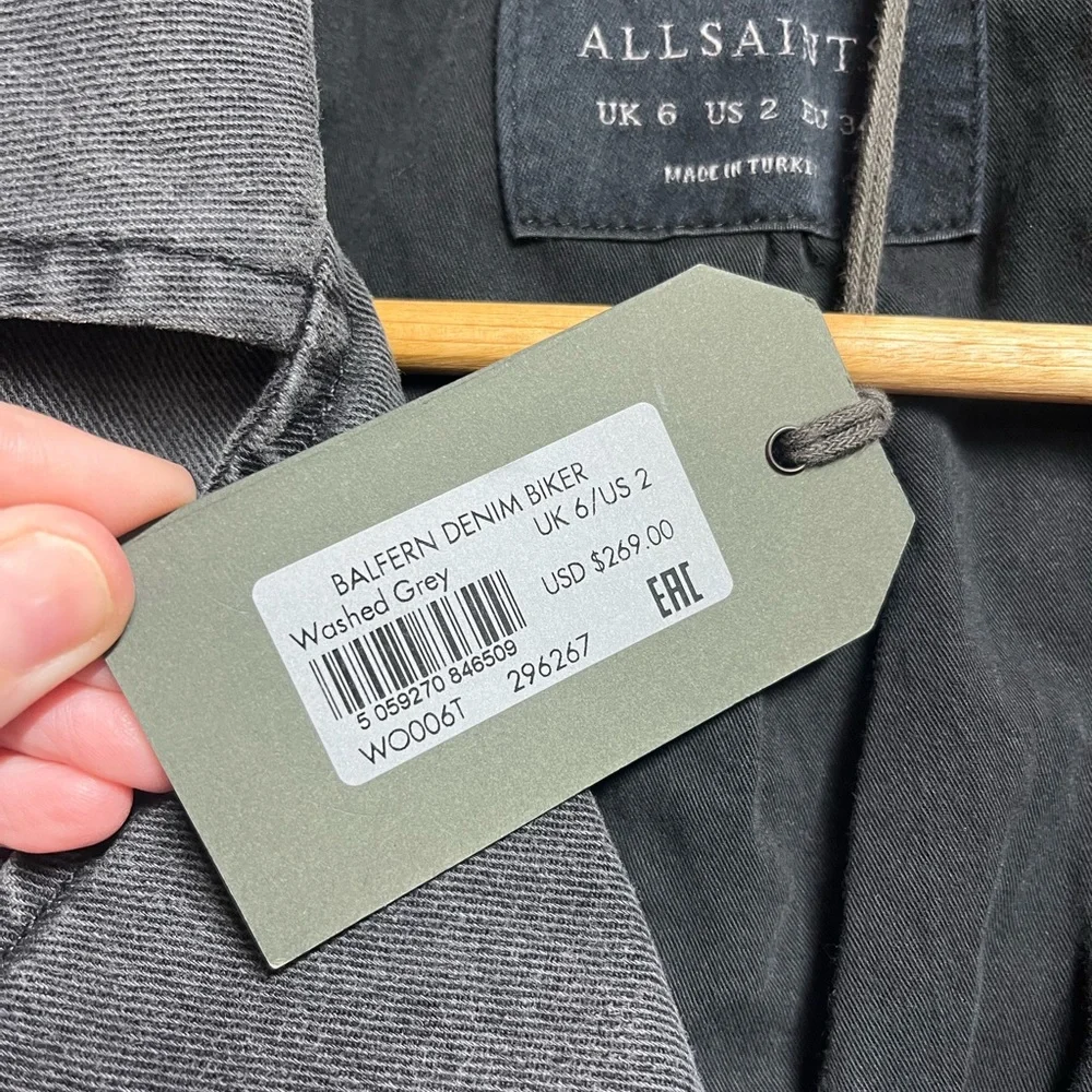 NEW NWT All Saints Balfern Denim Biker Jacket in Washed grey size 2 women’s - Picture 7 of 14